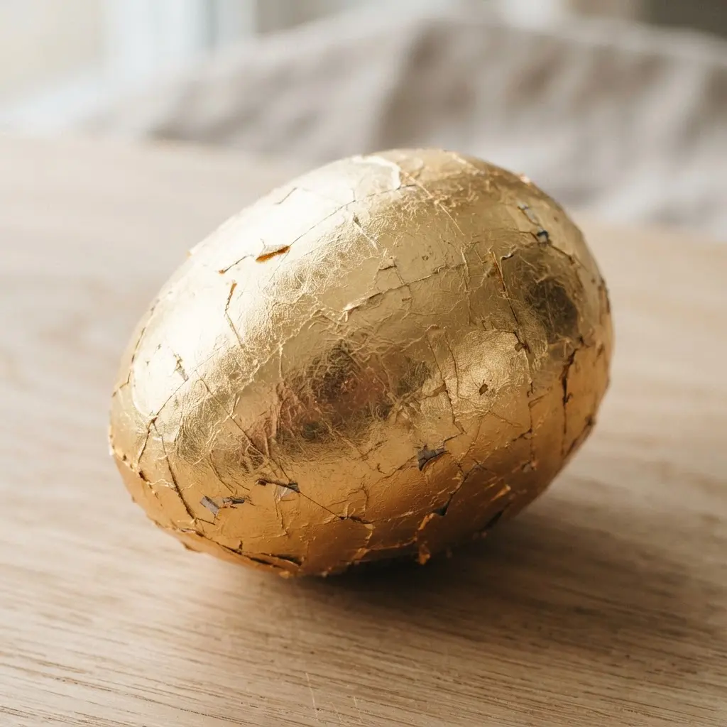 A papier-mache egg form entirely wrapped in sheets of genuine, luminous gold leaf.