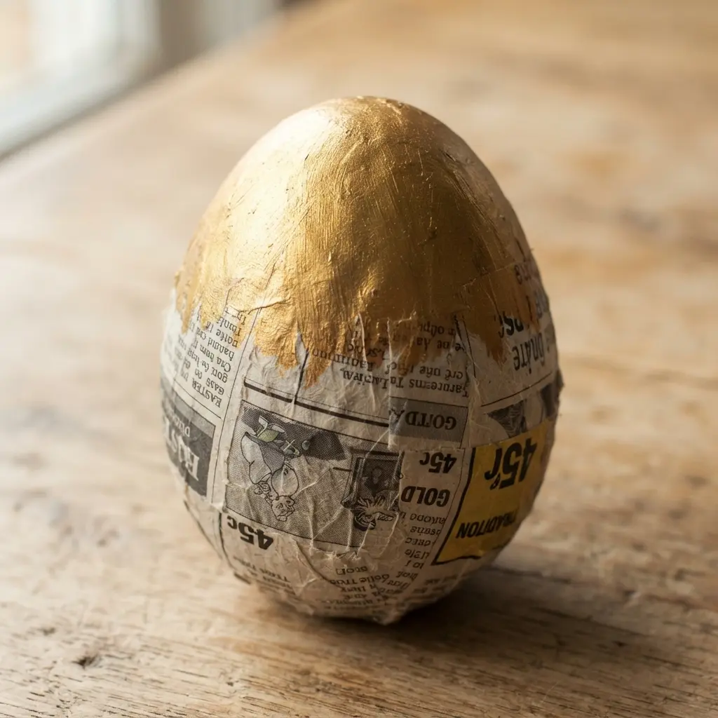 A striped Easter egg with alternating bands of exposed newsprint and solid gold paint.