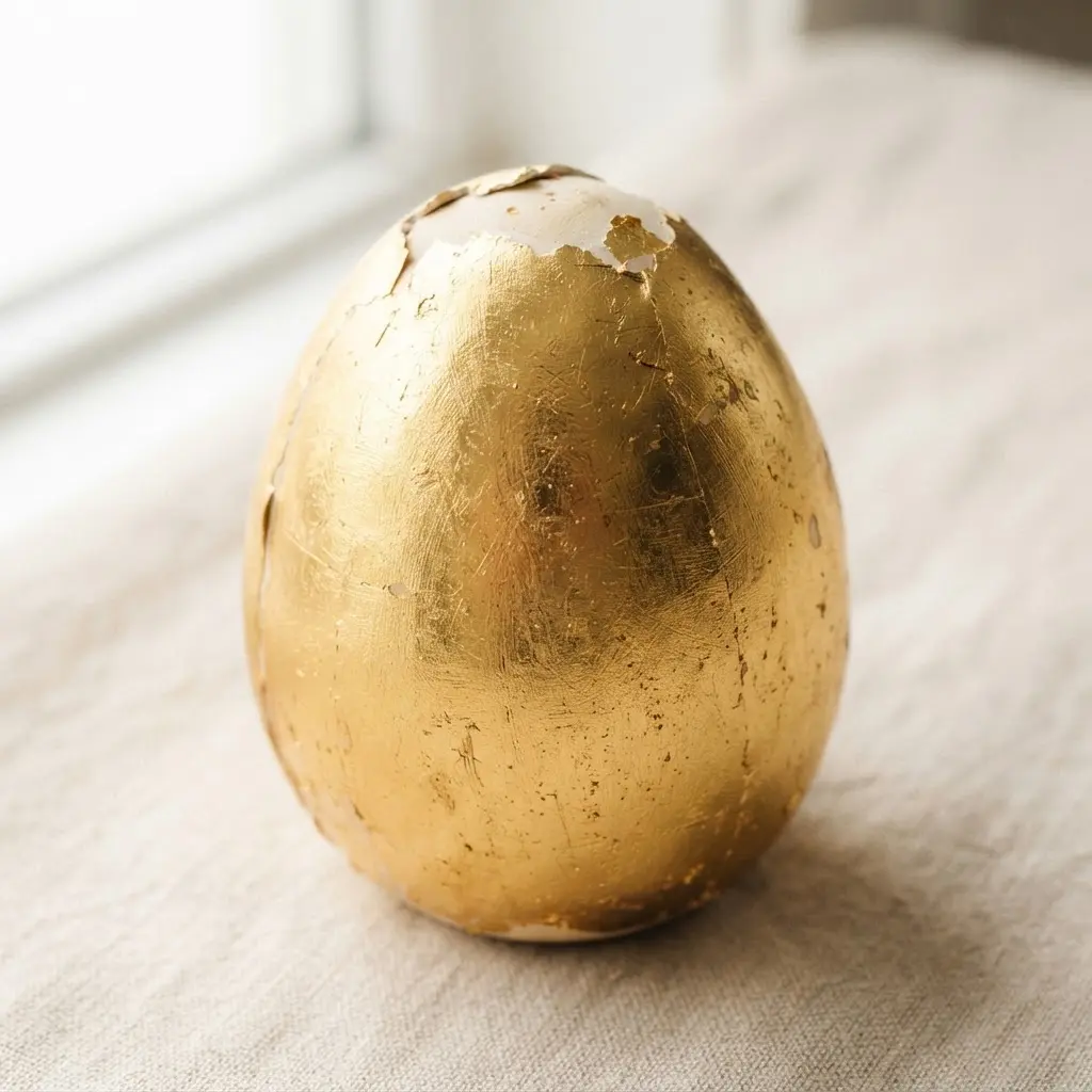 A white ceramic Easter egg with cracked gold leaf brushed across its surface.