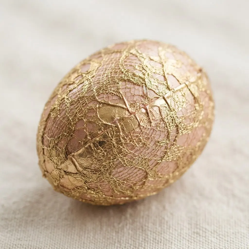 An egg completely covered by a single, intricate piece of adhesive gold foil lace.