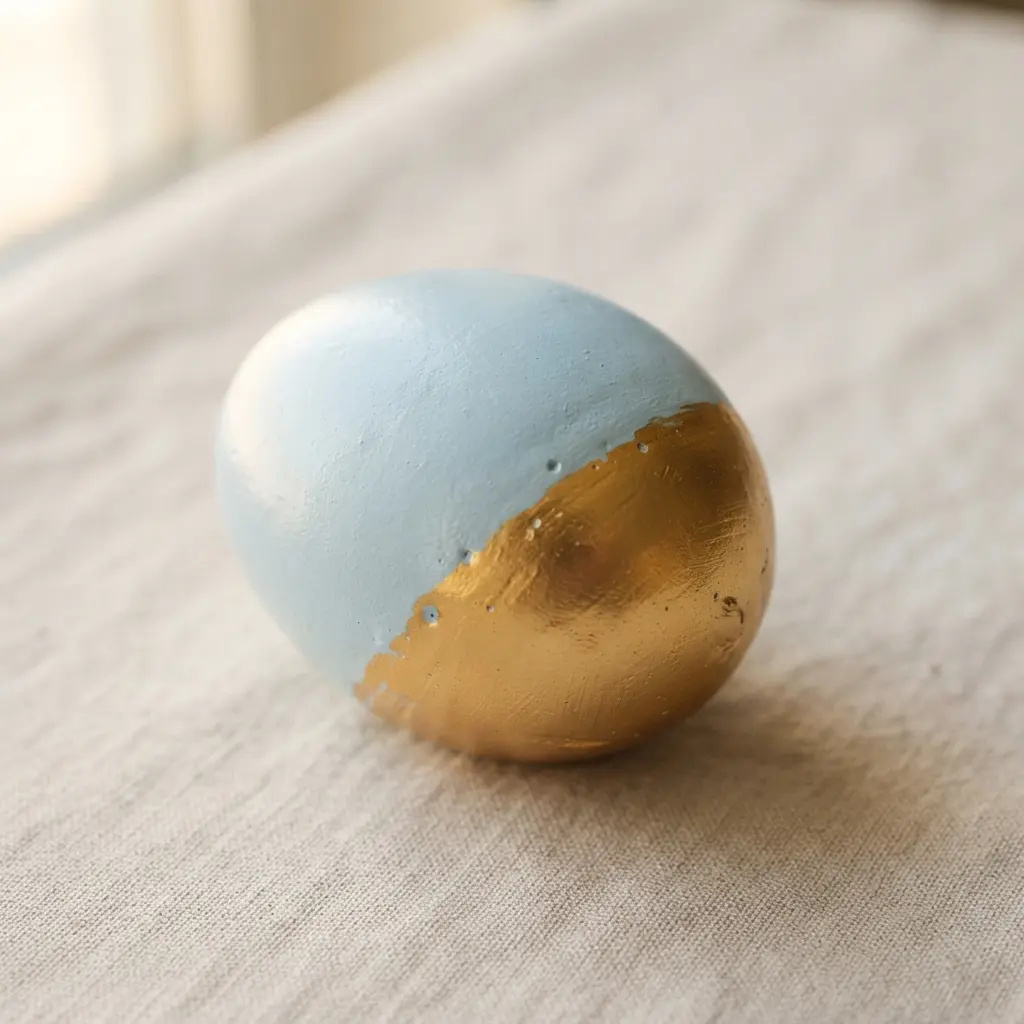 A pastel blue egg with a smooth, glossy gold paint finish on its lower half.