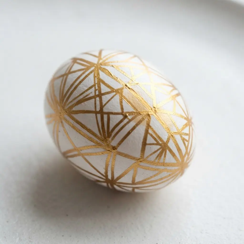 A white egg covered in intricate geometric patterns drawn with a fine-tipped gold paint pen.