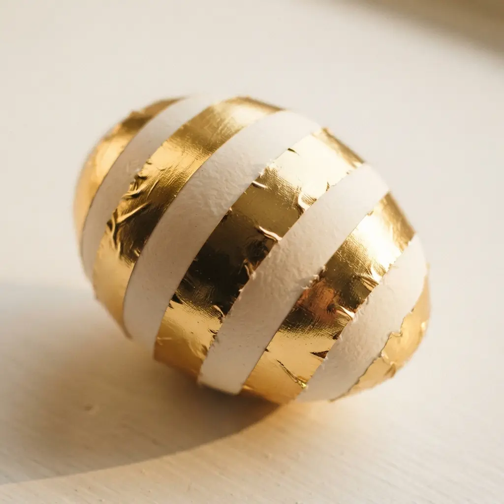 A smooth egg adorned with vertical stripes of shiny gold foil washi tape.