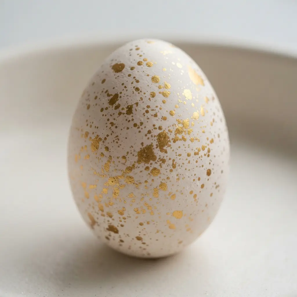 A bright white egg with a delicate splatter of tiny gold paint droplets.