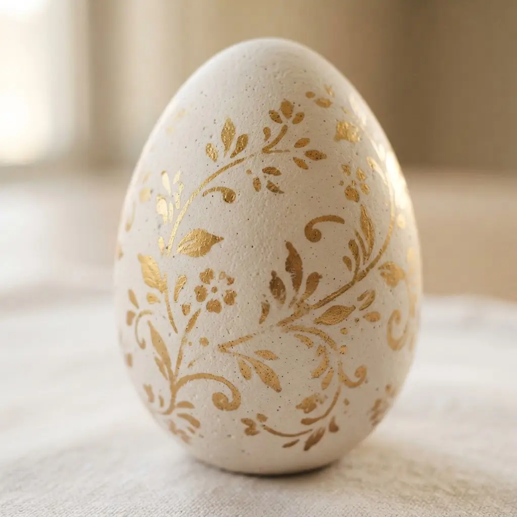 A ceramic Easter egg featuring a detailed gold floral pattern applied with a stencil.