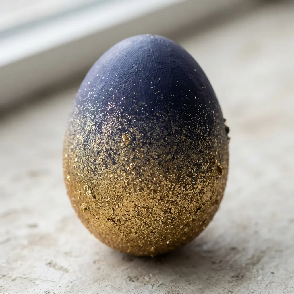 A dyed egg with an ombre effect fading from dense gold glitter at the top to a solid hue.