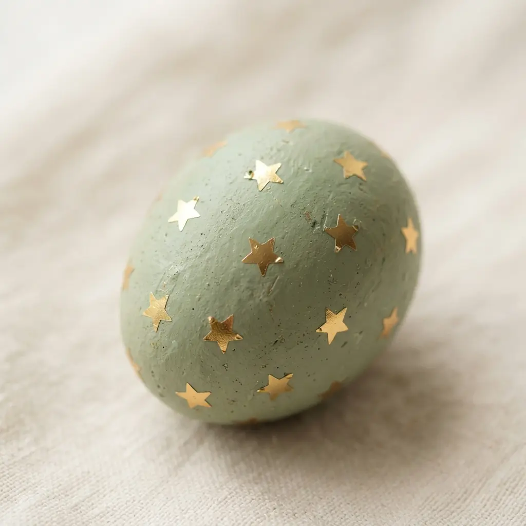 A solid-colored egg with a minimalist arrangement of small, shiny gold star decals.