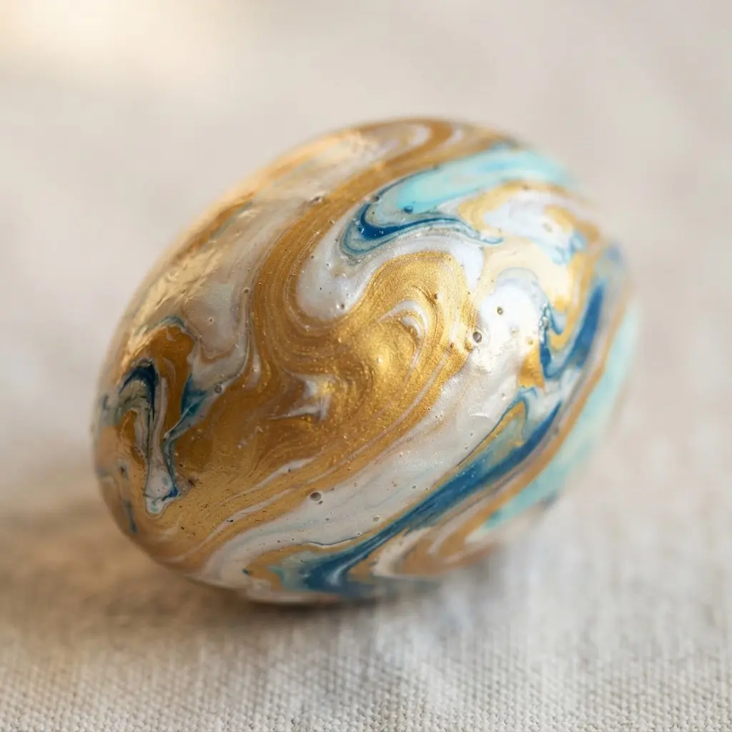 An egg with abstract, swirling patterns created by marbling gold nail polish in water.