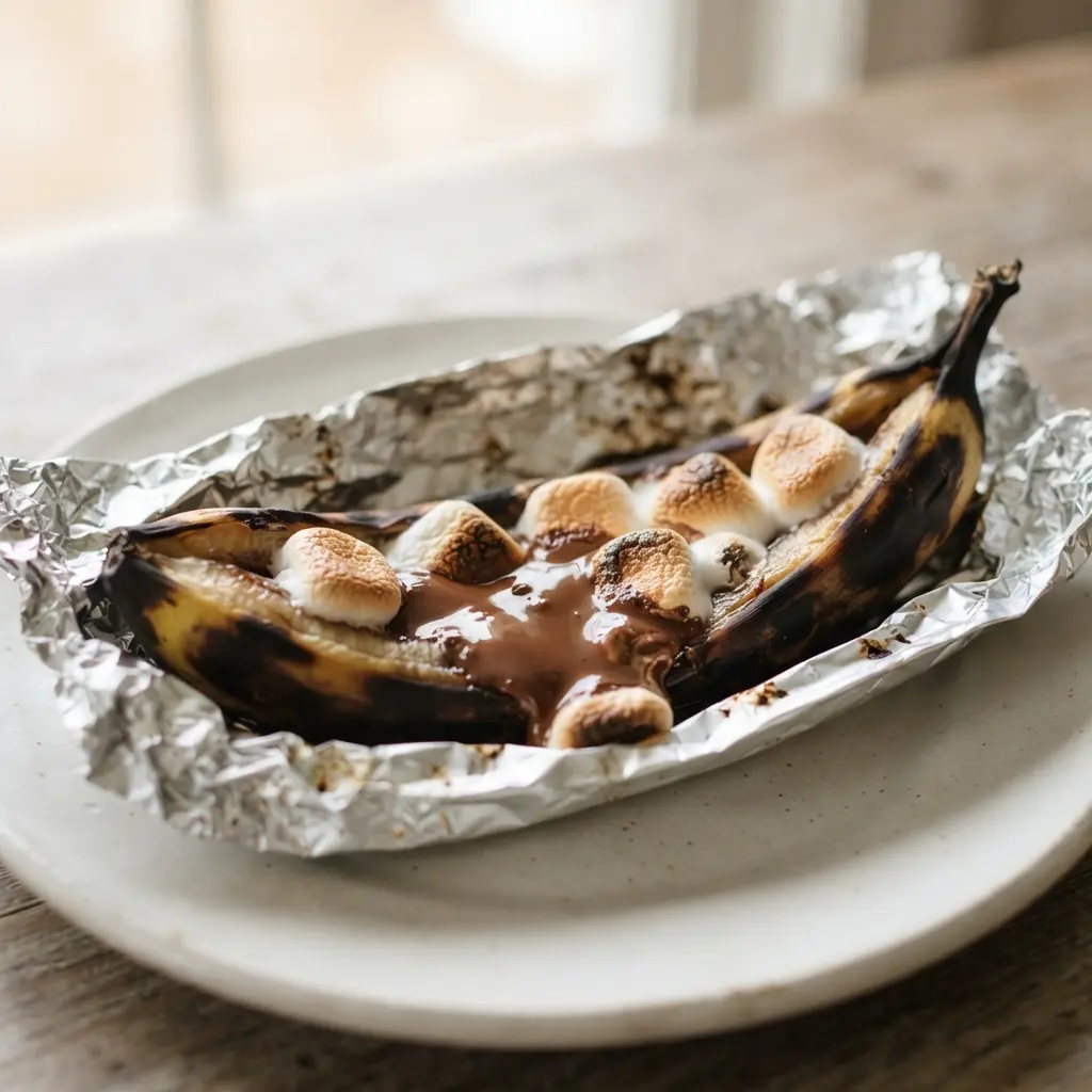 A split banana in foil filled with melted milk chocolate and gooey toasted marshmallows over campfire embers.