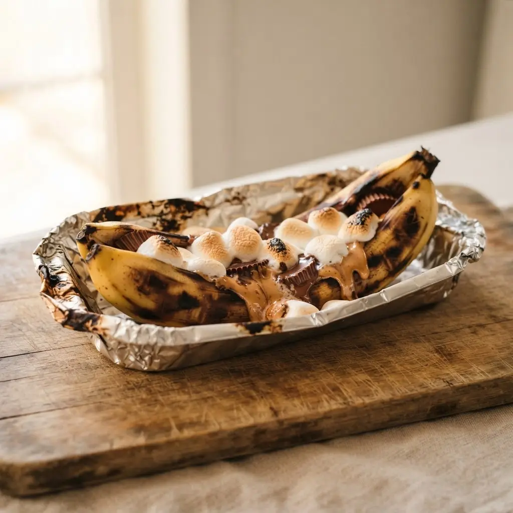 A warm banana boat filled with melted peanut butter cups and mini marshmallows on a rustic picnic table.
