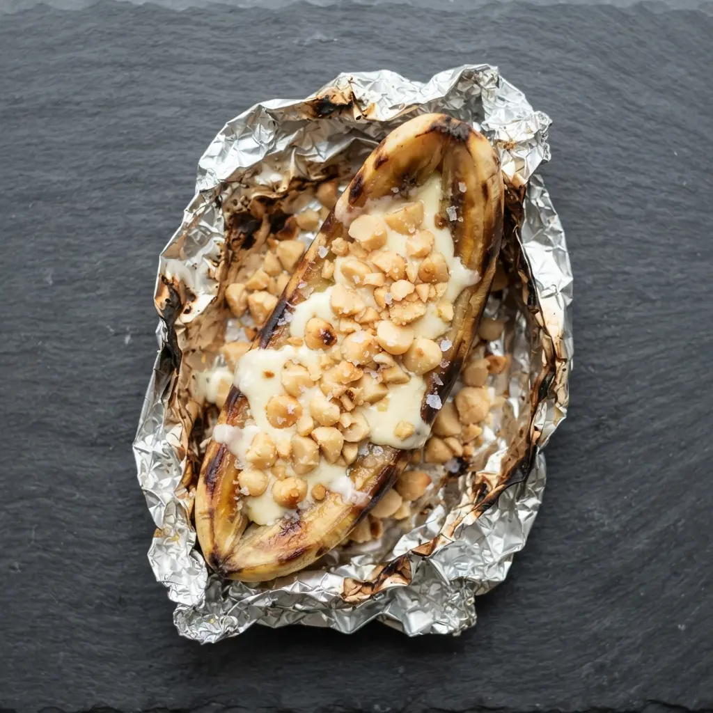 A foil boat holding a banana with creamy melted white chocolate and chopped macadamia nuts.