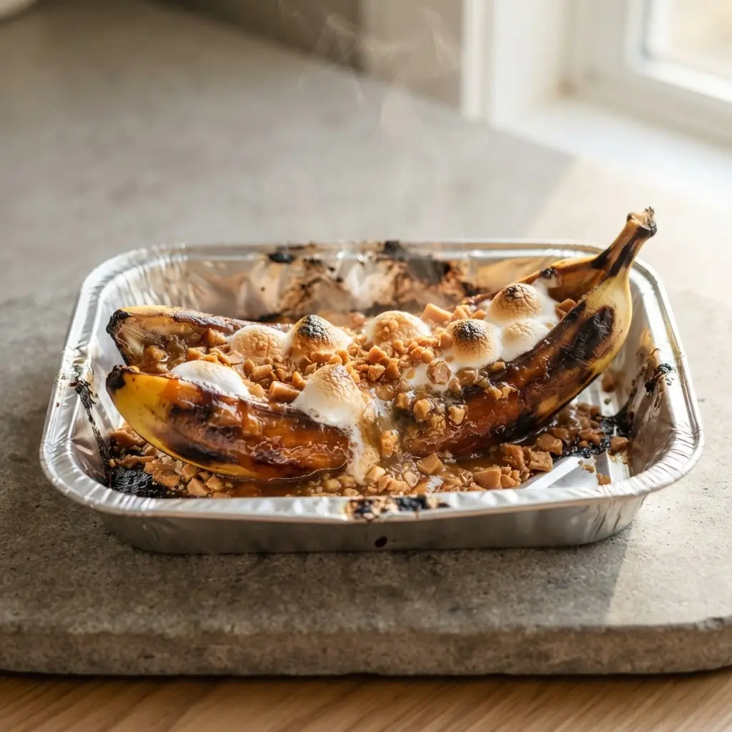 A caramel-drizzled banana boat with melted toffee bits and marshmallows, steam rising from the warm foil.