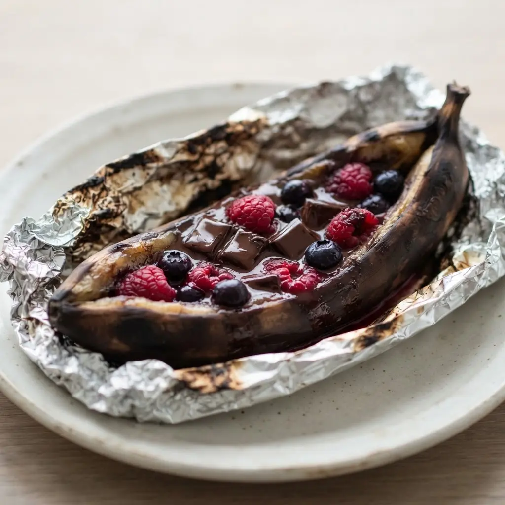 A banana filled with dark chocolate chunks and fresh raspberries and blueberries in a foil packet.