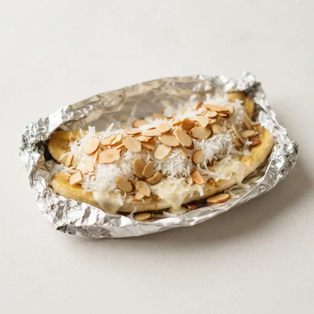 A banana boat topped with shredded coconut, sliced almonds, and white chocolate on a camping plate.