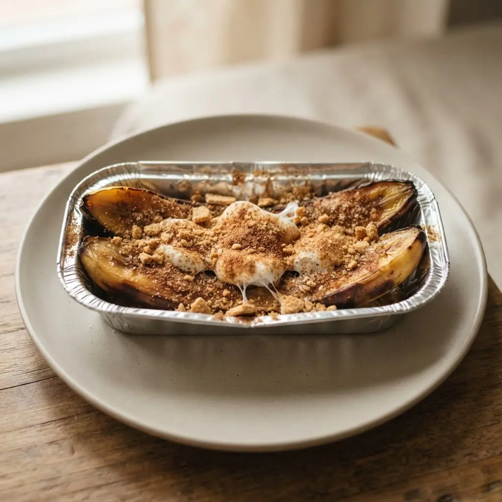 A cinnamon-sprinkled banana with melted marshmallows and graham cracker crumble in a foil boat.