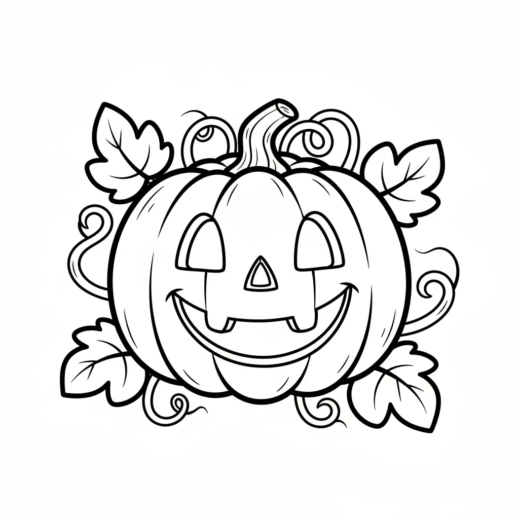 A cheerful pumpkin with a carved smile and curling leaf vines around it, drawn with thick bold lines for kids to color.