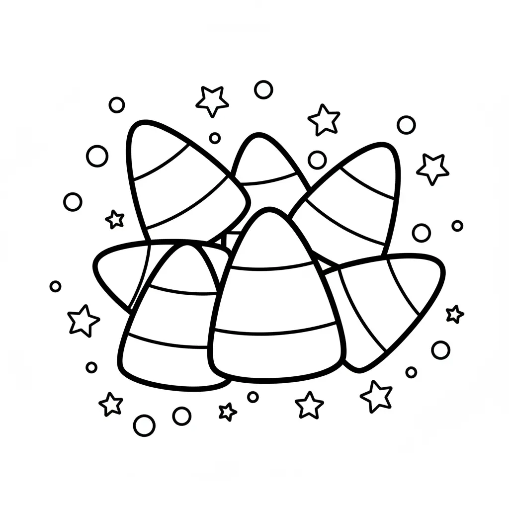 A heap of candy corn triangles with scattered small dots and star confetti around, uncluttered design for young kids.