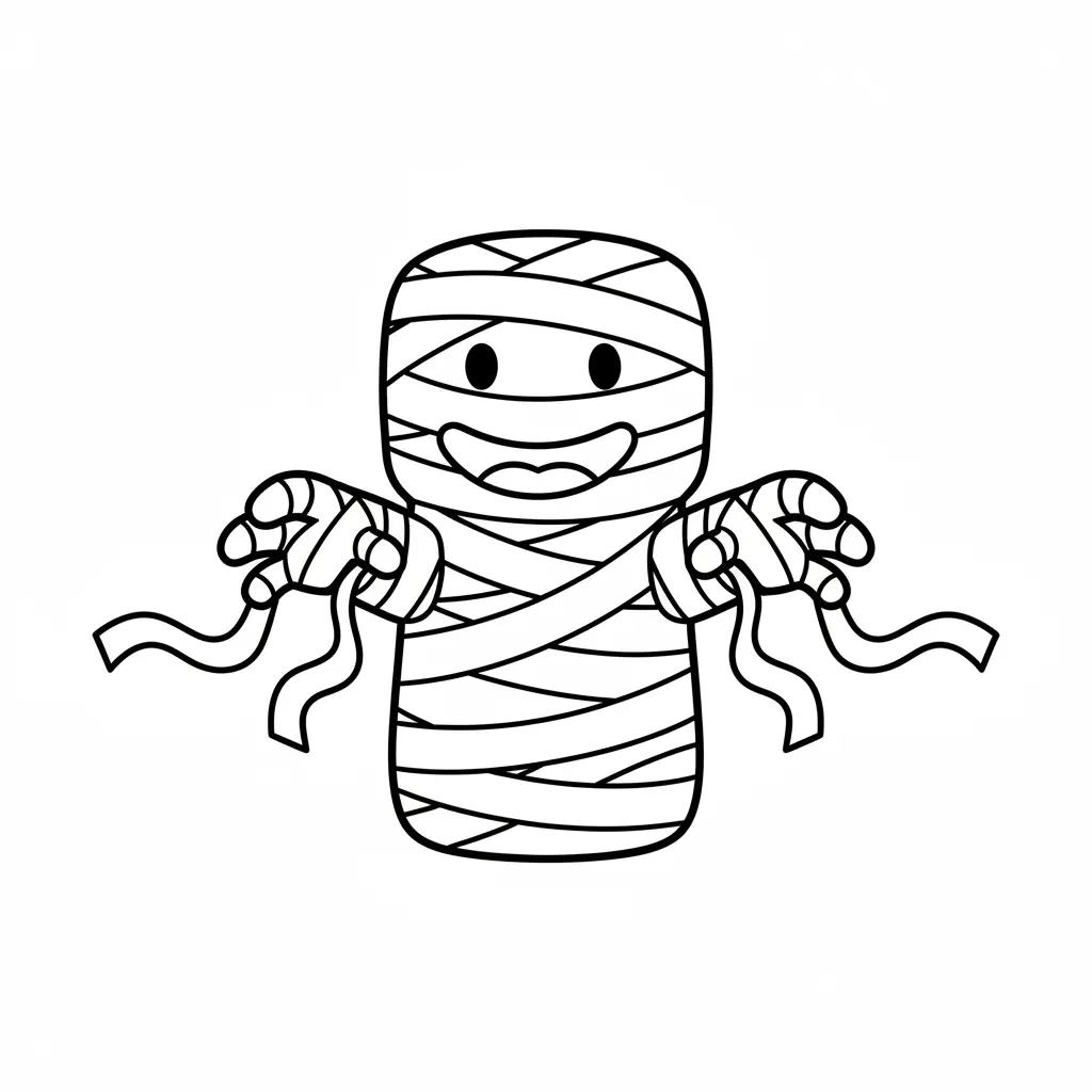 A mummy figure with crisscross bandage lines and a visible smiling mouth, arms stretched out for a friendly look.