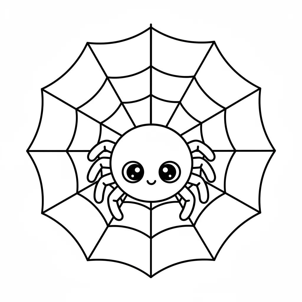 A round-bodied spider with large eyes and a single silky web strand attached to a top corner, made for simple coloring.