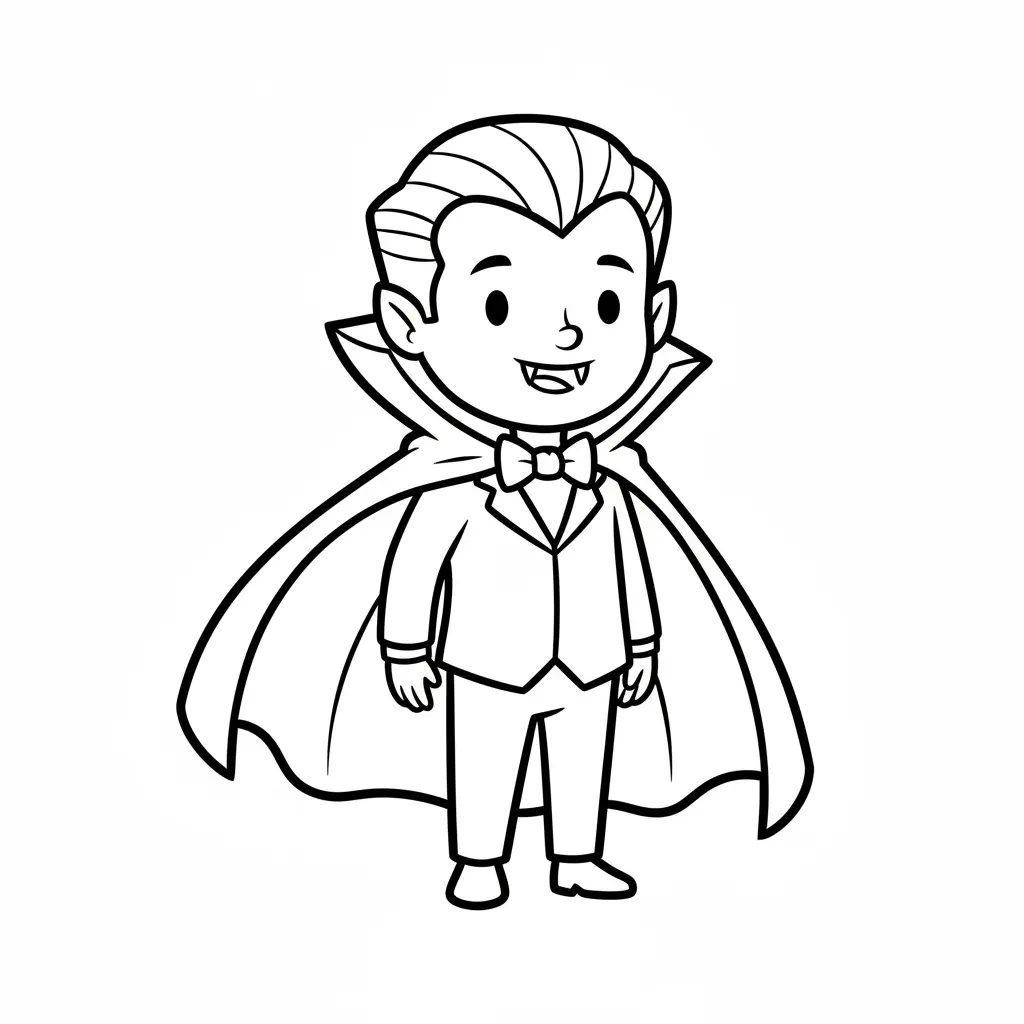 A young vampire with slicked hair, a small cape, and two pointy teeth showing, standing in a playful pose for kids.