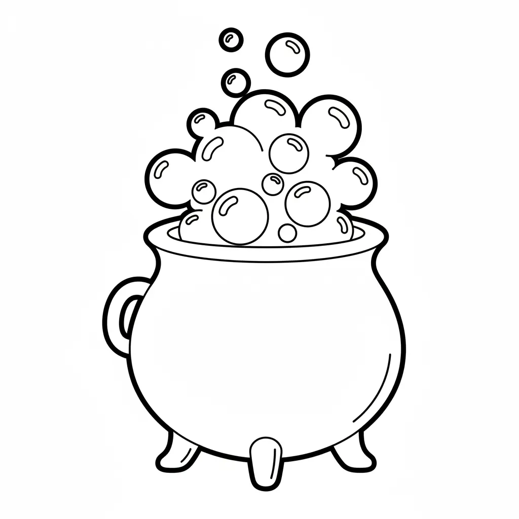 A large black pot with round bubbles floating up and a ladle sticking out, drawn with a cartoonish rim and no spooky elements.