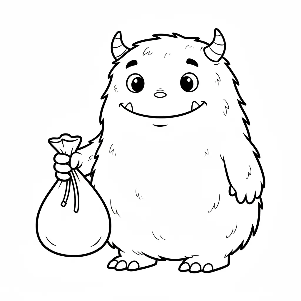 A furry monster with horns and a wide grin, carrying an orange drawstring bag, simple shapes for preschool artists.