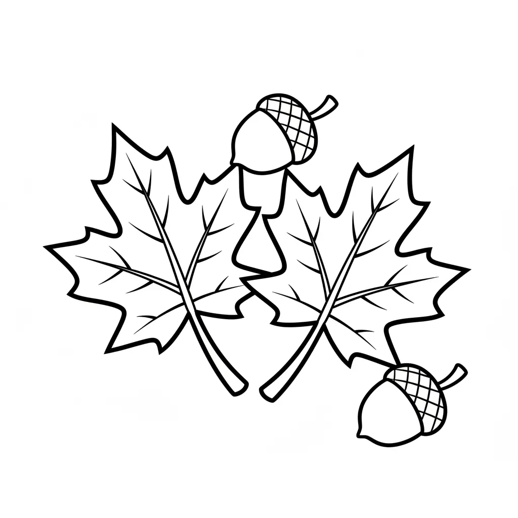 A fall collection of three maple leaves and two acorns lying on the ground, drawn with clear vein lines for kids to color.