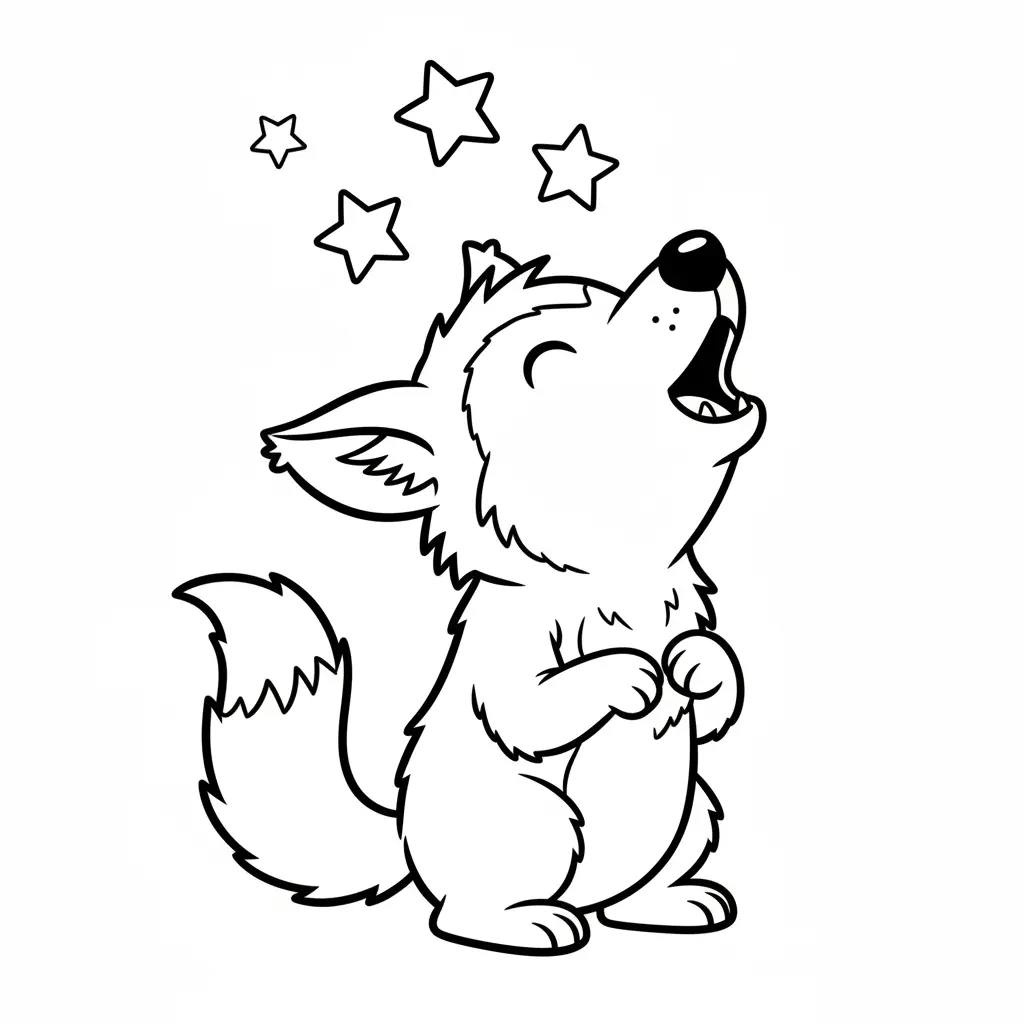 A small werewolf with fluffy fur and pointed ears, nose pointed up toward three stars, friendly expression for young children.