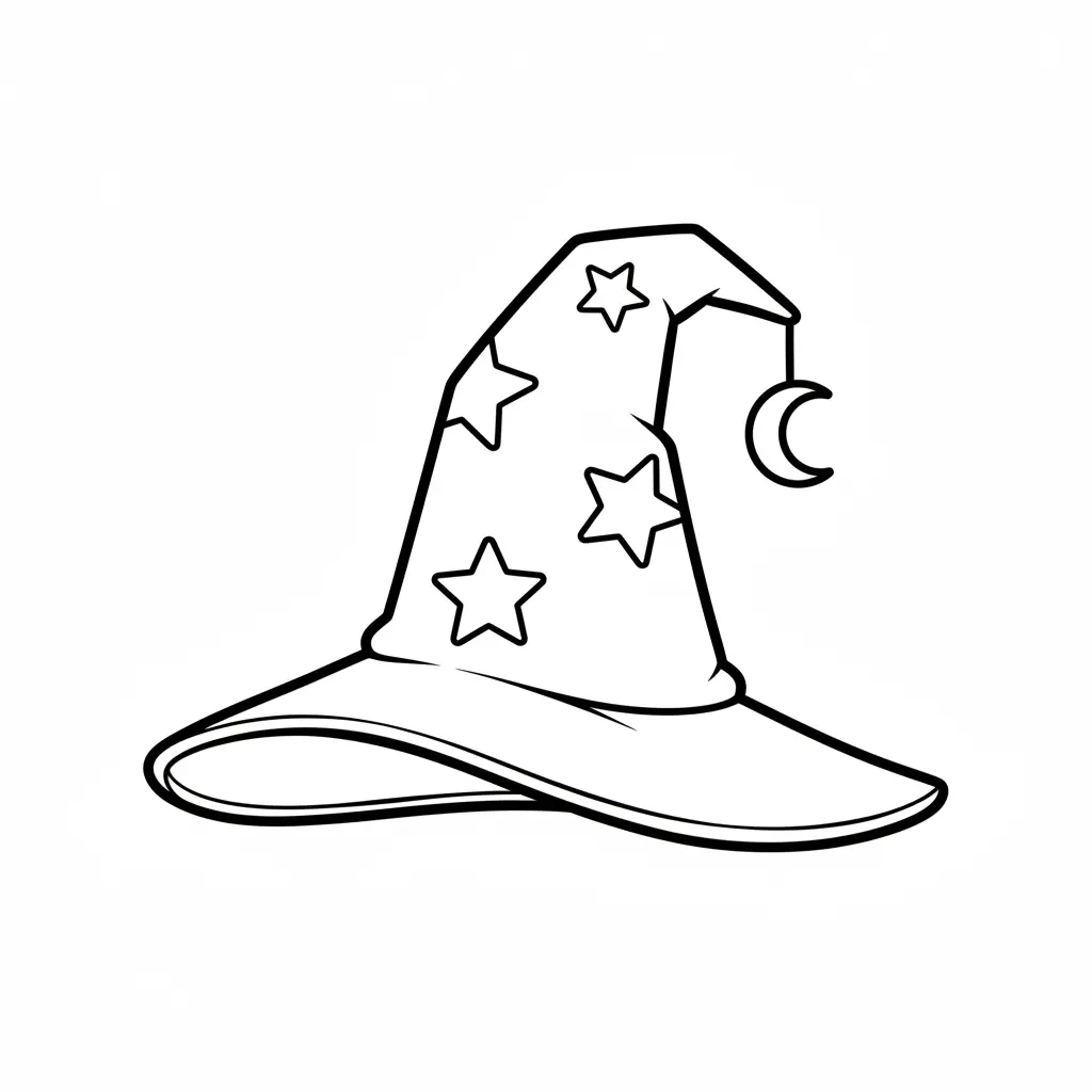 A tall pointed wizard hat with folded brim, several star patches sewn on, and a moon charm, clean outlines for easy coloring.