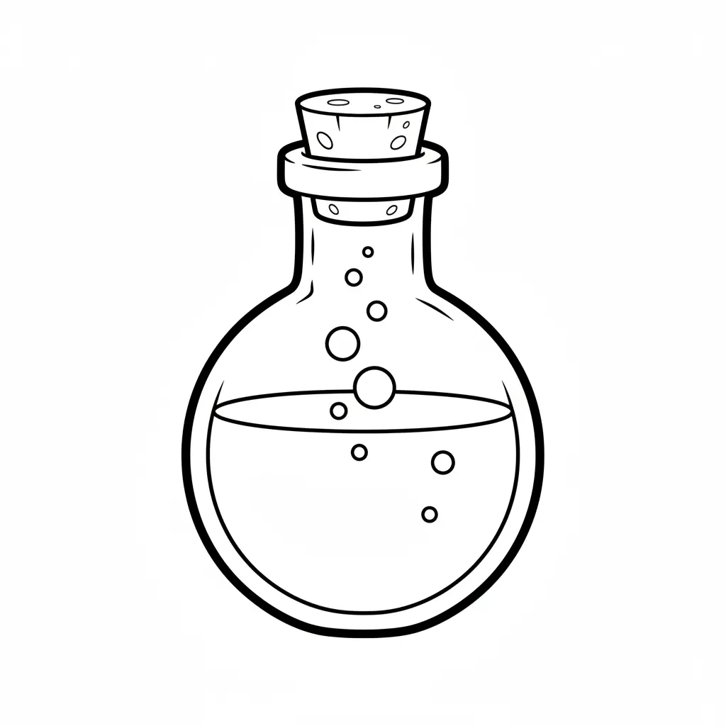 A glass bottle with a cork stopper, filled with liquid and small round bubbles rising inside, thick black outlines.