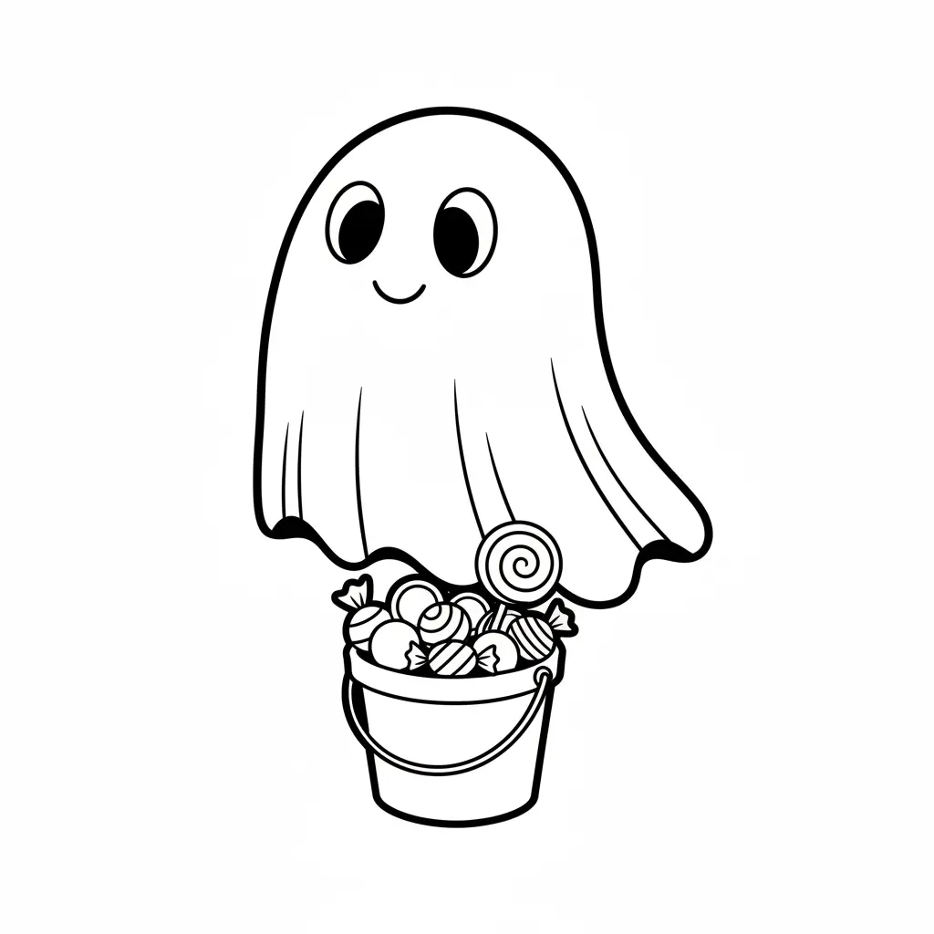 A cute sheet-style ghost hovering above a small basket filled with round candies, simple shapes and clear outlines.