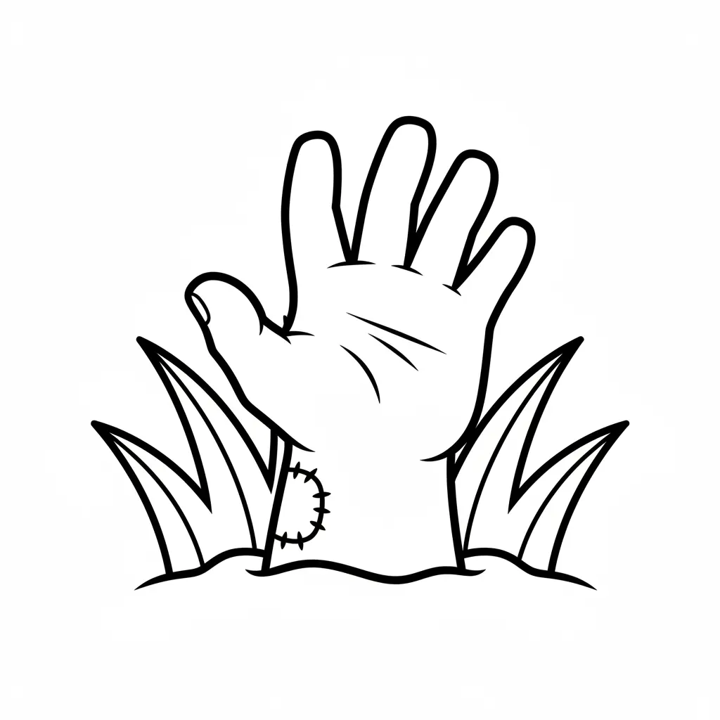A single hand with stitched fingers reaching up from a patch of grass, drawn in a funny not frightening style for kids.