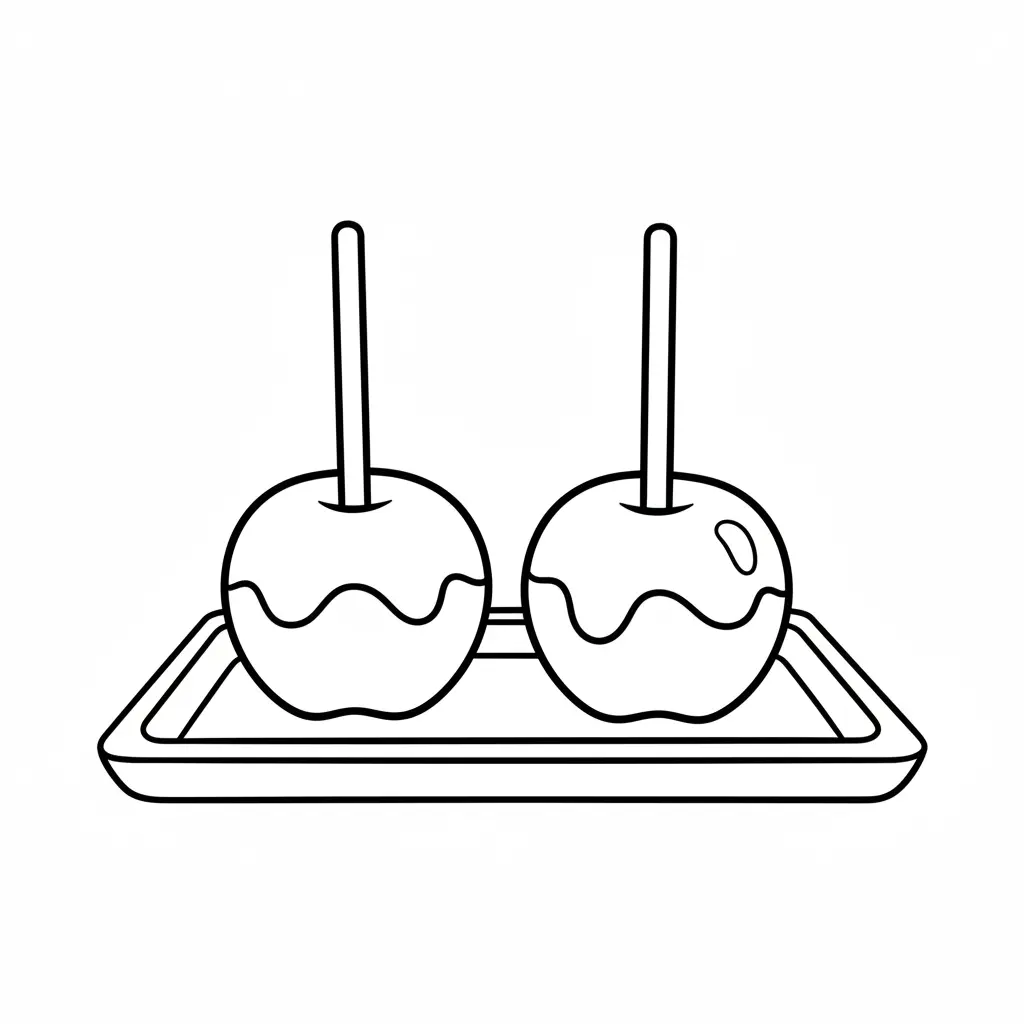 Two apples on sticks coated in smooth candy glaze, resting on a rectangular wooden tray, simple composition for coloring.