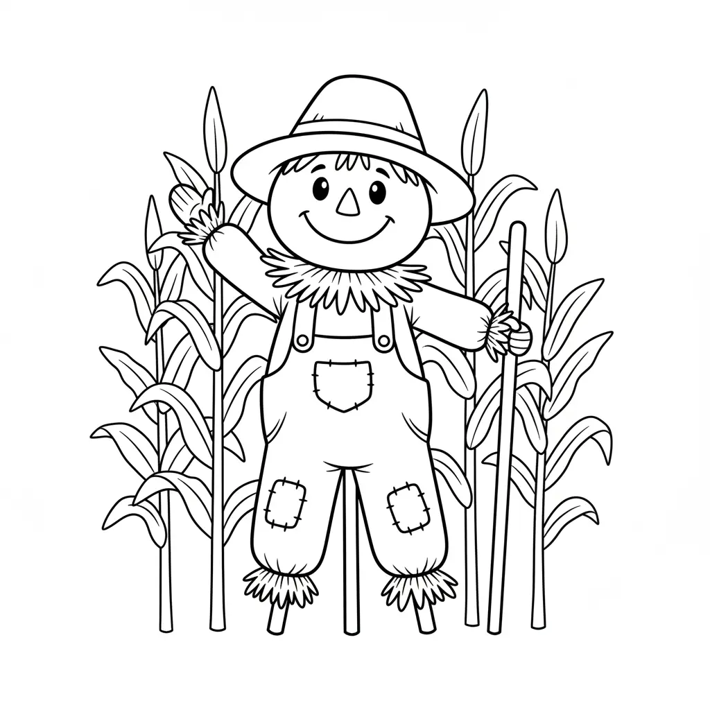 A stuffed scarecrow with patched overalls and a smiling face, surrounded by tall corn stalks, designed with minimal detail.