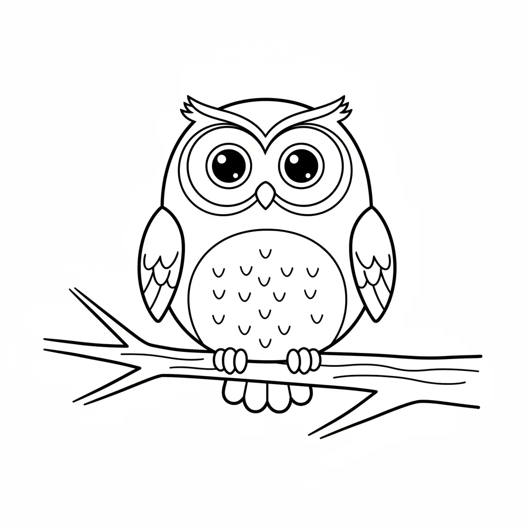 A large-eyed owl with rounded wings resting on a horizontal branch, a crescent moon behind, drawn with bold contours.