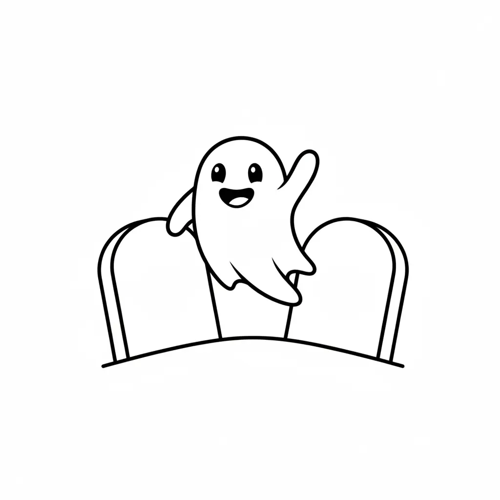 Two rounded tombstones with boo text and a small ghost floating between them, smiling and waving for a lighthearted scene.