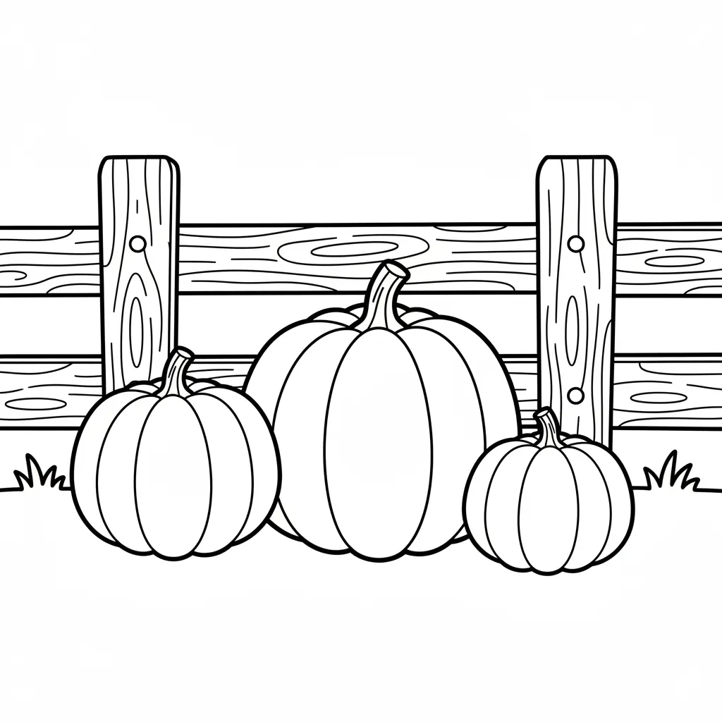 A row of different sized pumpkins sitting on the ground, a wooden fence in the background, all drawn with simple shapes for kids.