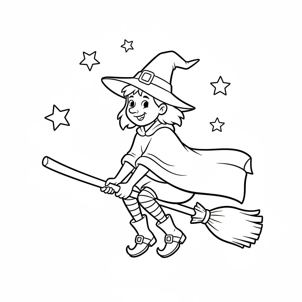 A young witch with a pointed hat and big smile riding a broomstick across a starry sky background for coloring.