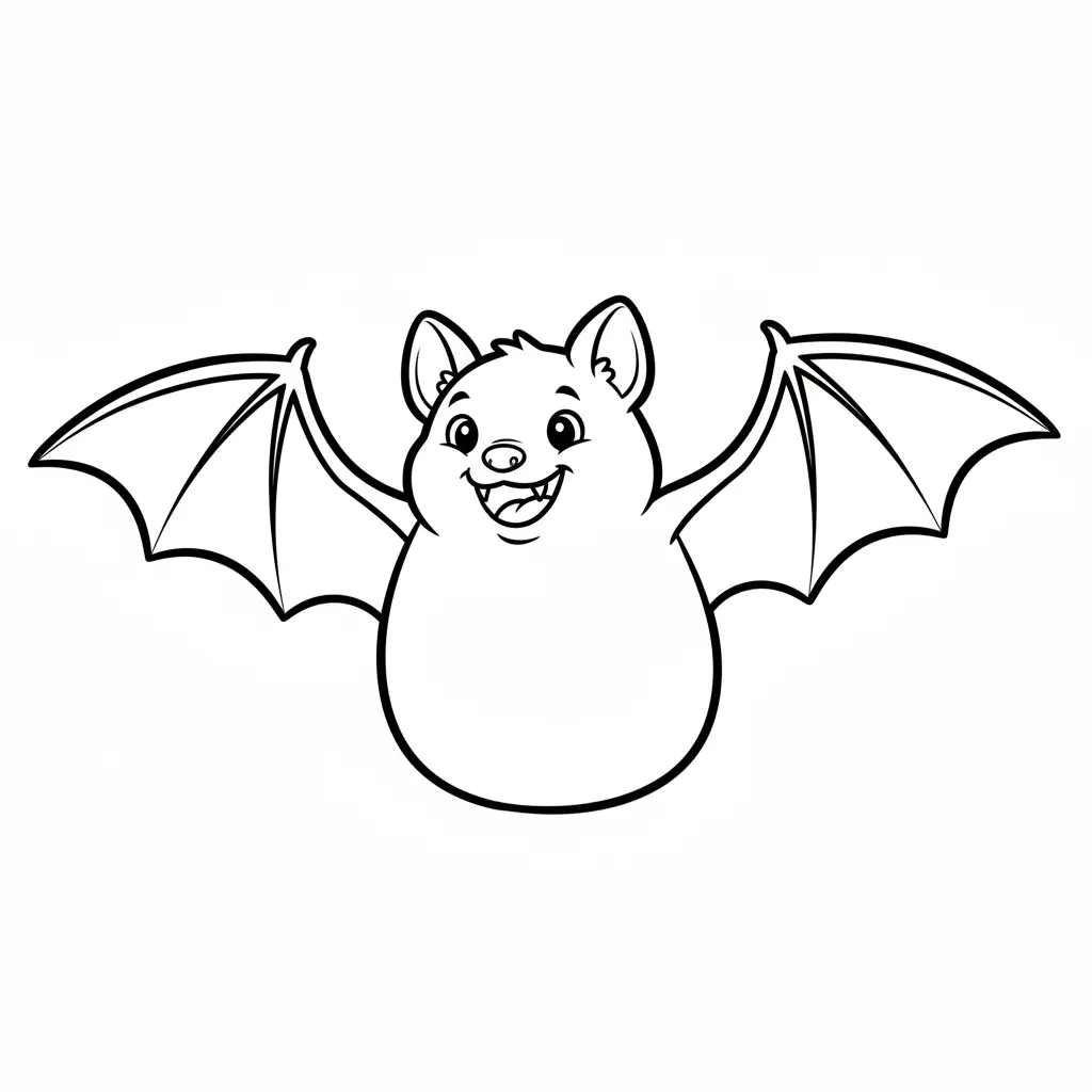 A cartoon-style bat with a wide friendly grin, simple wing shapes and tiny fangs, outlined in thick black for children.