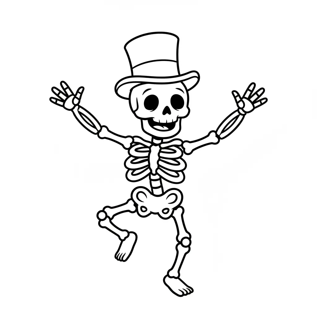 A skeleton with long limbs doing a dance pose, wearing a tall hat, drawn with clean bone outlines and no scary details.