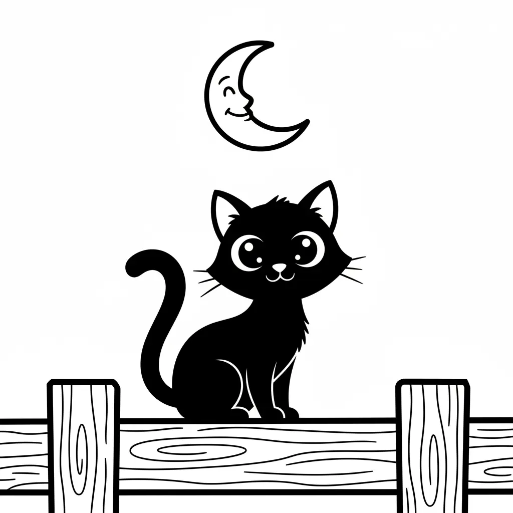 A round-eyed black cat with arched back sitting on a simple fence panel under a crescent moon, thick lines for easy coloring.