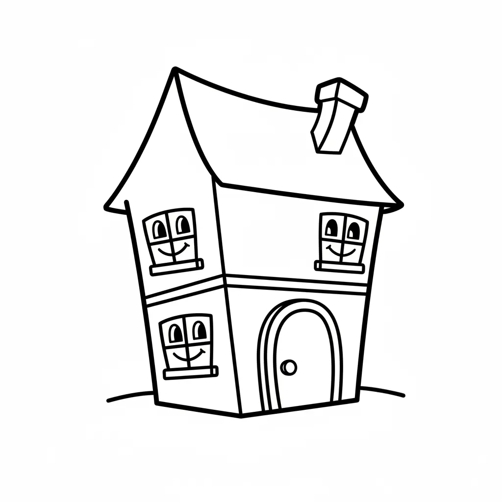 A two-story house with crooked roof and square windows that look like smiling faces, no scary spires, for kids to color.