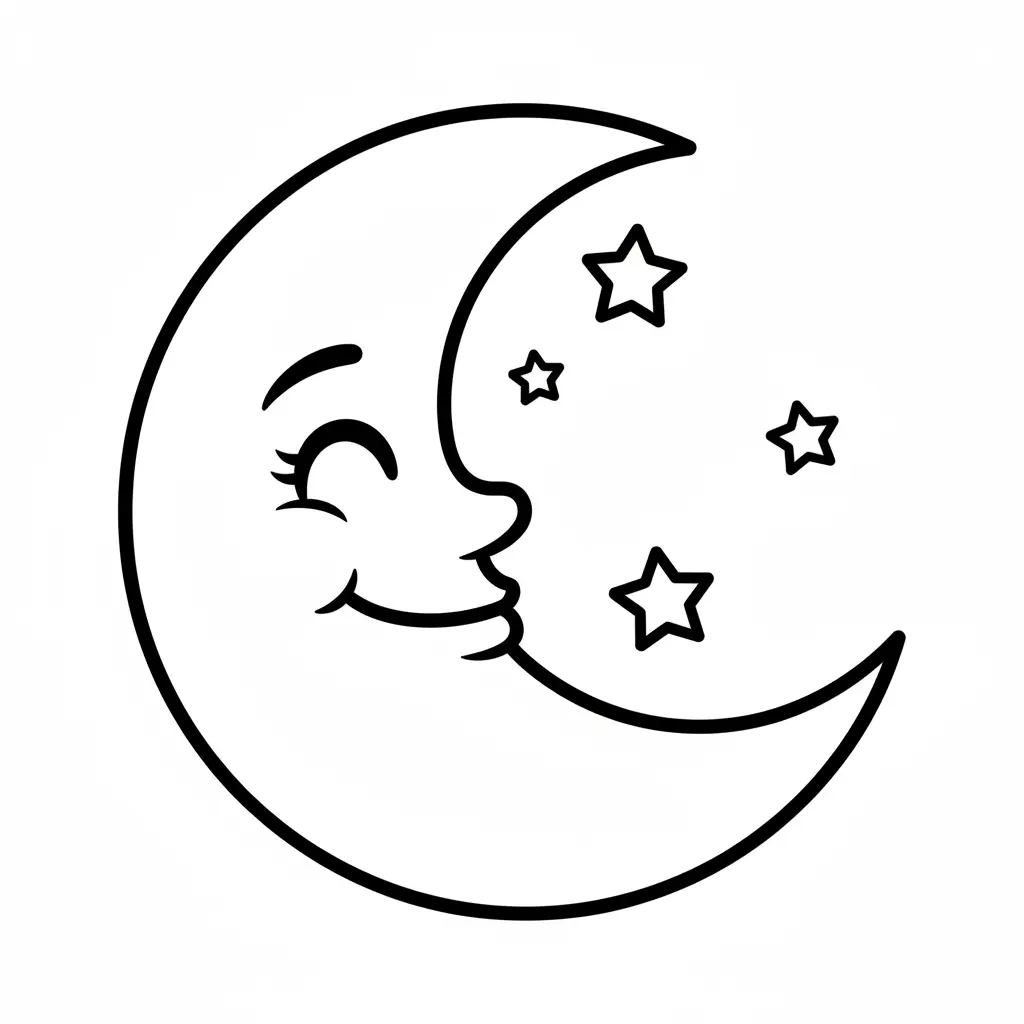 A large crescent moon with closed happy eyes and a soft smile, surrounded by tiny stars, all with bold outline.