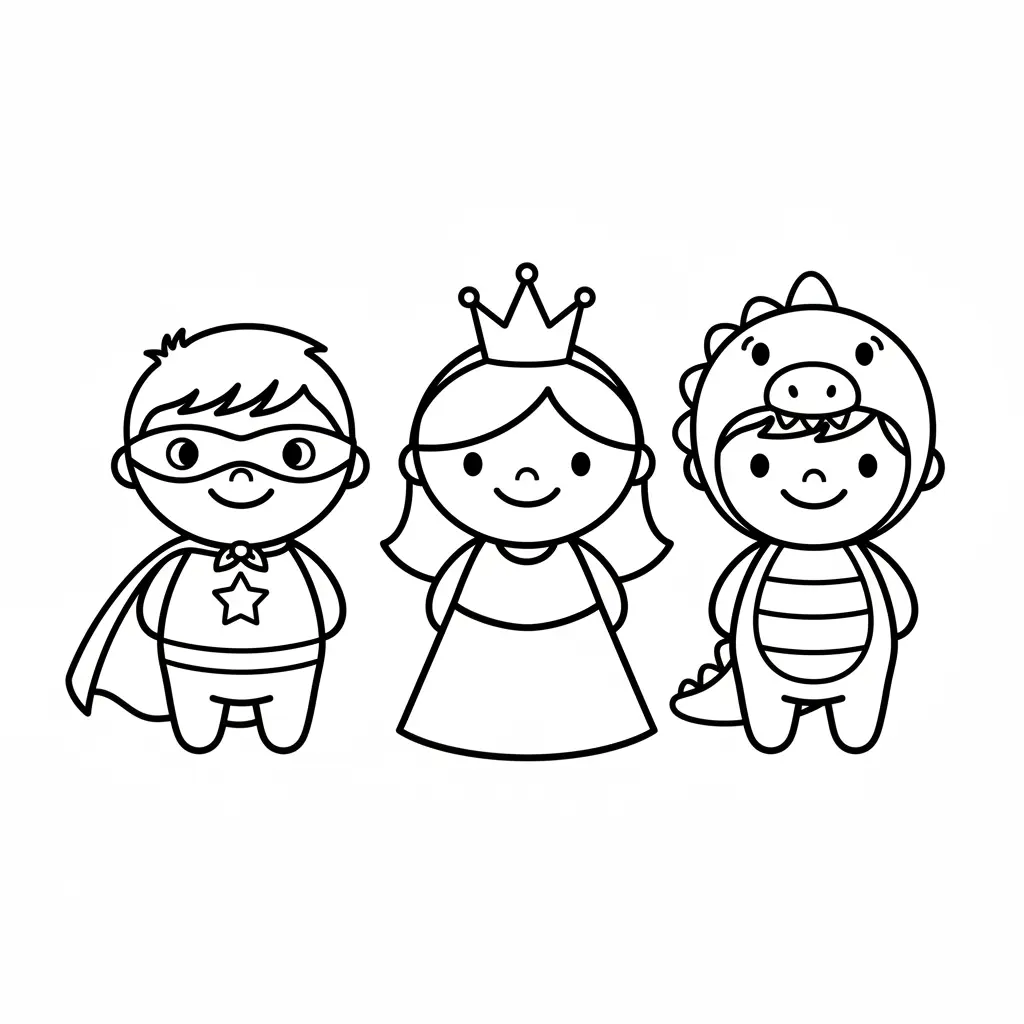 Three children dressed as a superhero, a princess, and a dinosaur standing together, simple body shapes for preschool coloring.