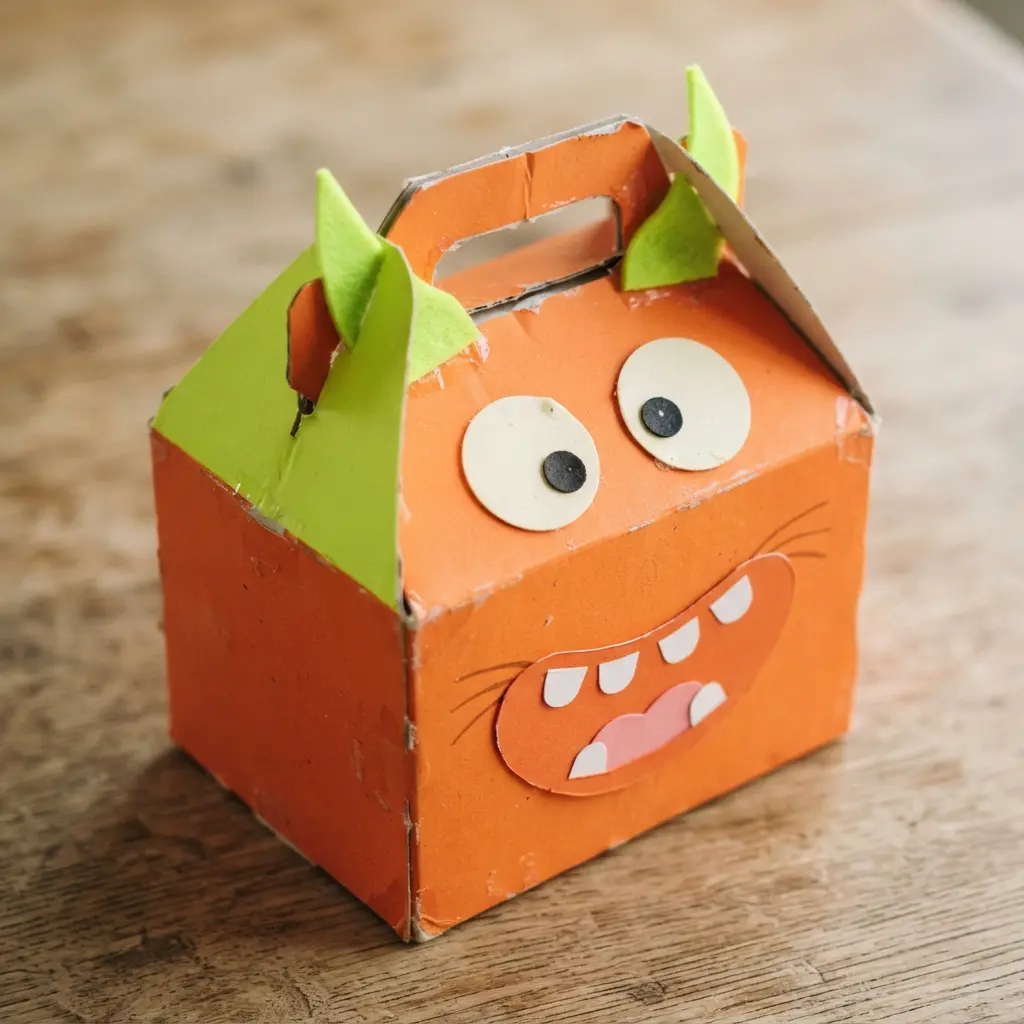 A handmade orange gable box decorated with large green felt eyes and a smiling paper mouth.