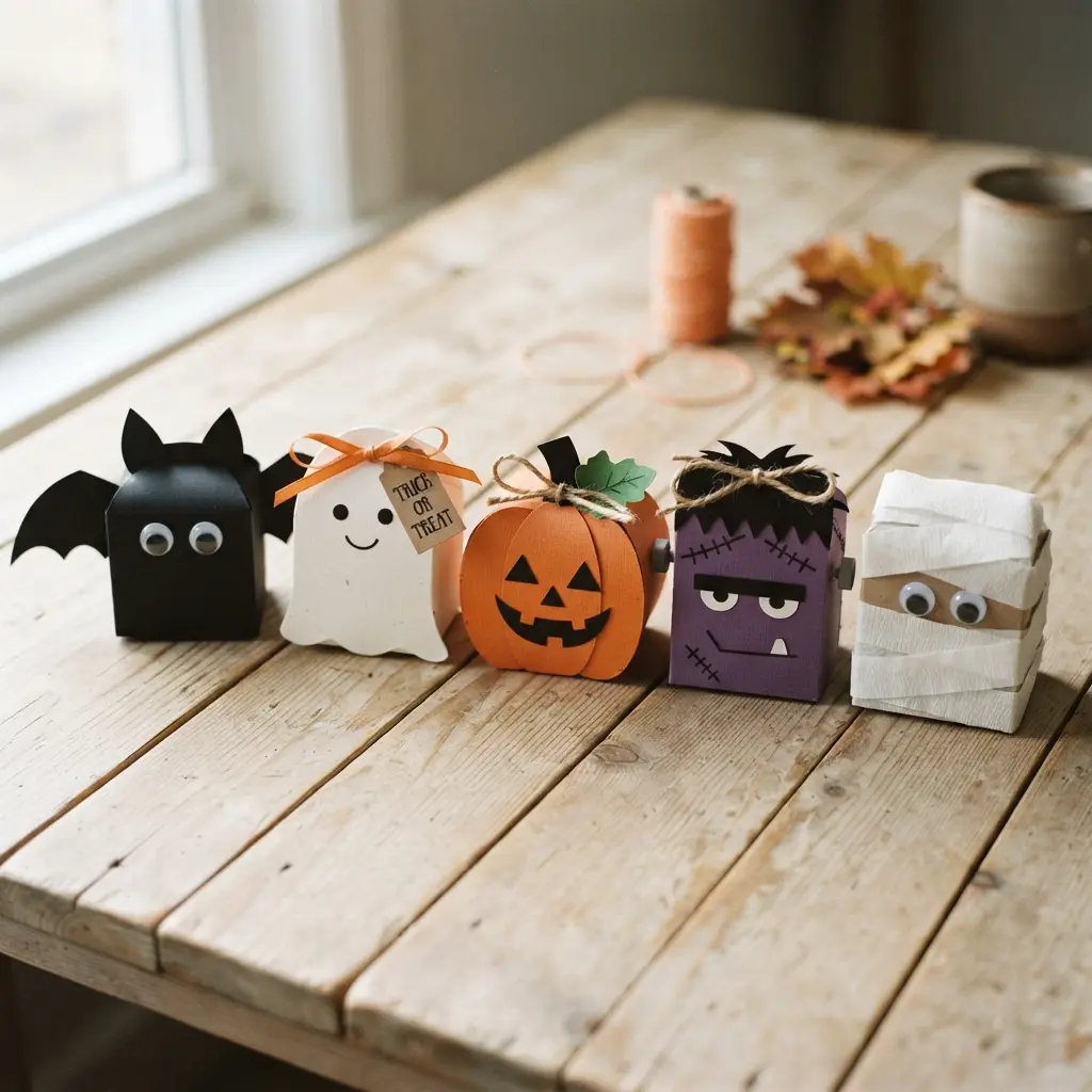 A white paper lantern box with a cut-out ghost face on one side, illuminated from within by a small battery-operated tea light.