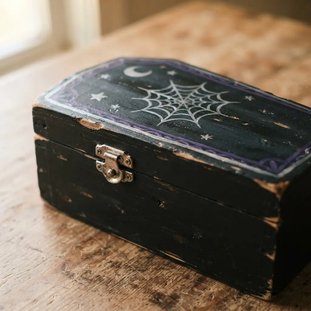 A miniature wooden coffin box painted black with silver spiderweb details and a purple satin lining.