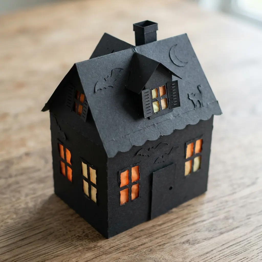 A black cardstock house-shaped box with cut-out windows revealing orange tissue paper and a peaked roof.