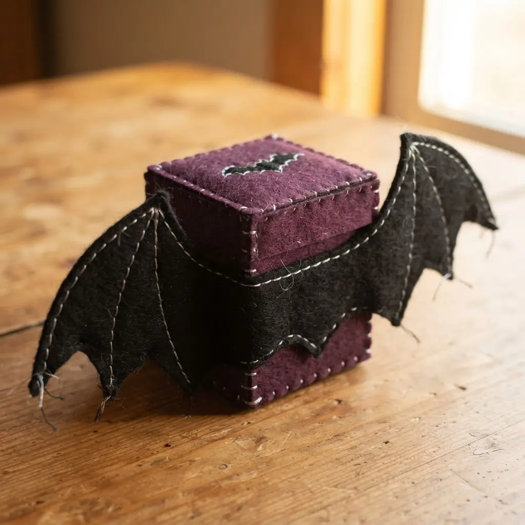 A deep purple lidded box with a pair of intricate black felt bat wings attached to its sides.