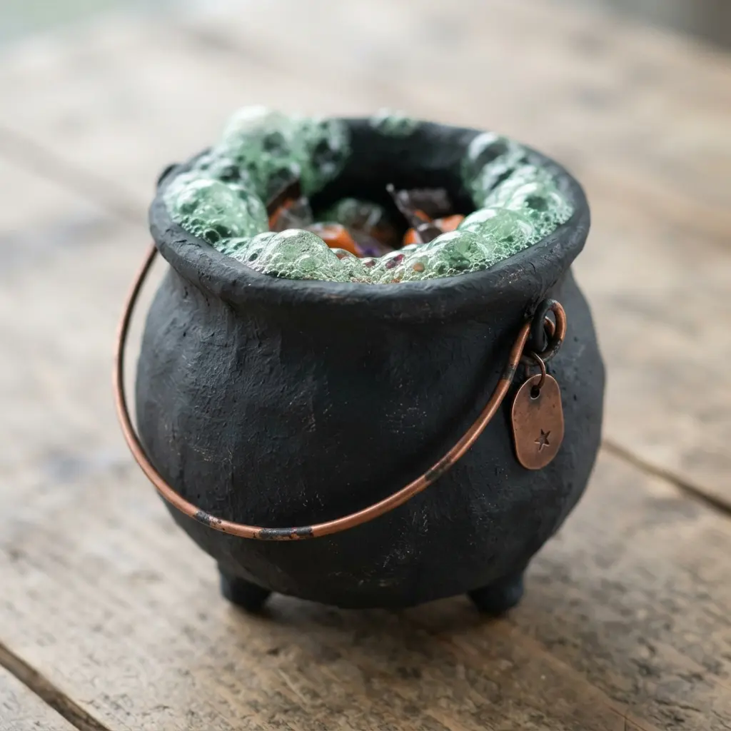 A black metal pail with a curved handle, decorated with a green foam bubble lid and a tag that reads 'Brew'.